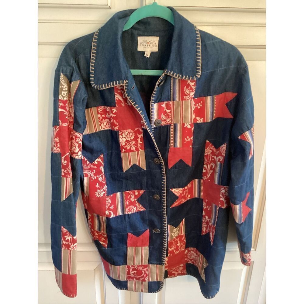 Susan Bristol Patchwork Quilted Denim Jacket Coat Sz M Cottagecore Vintage